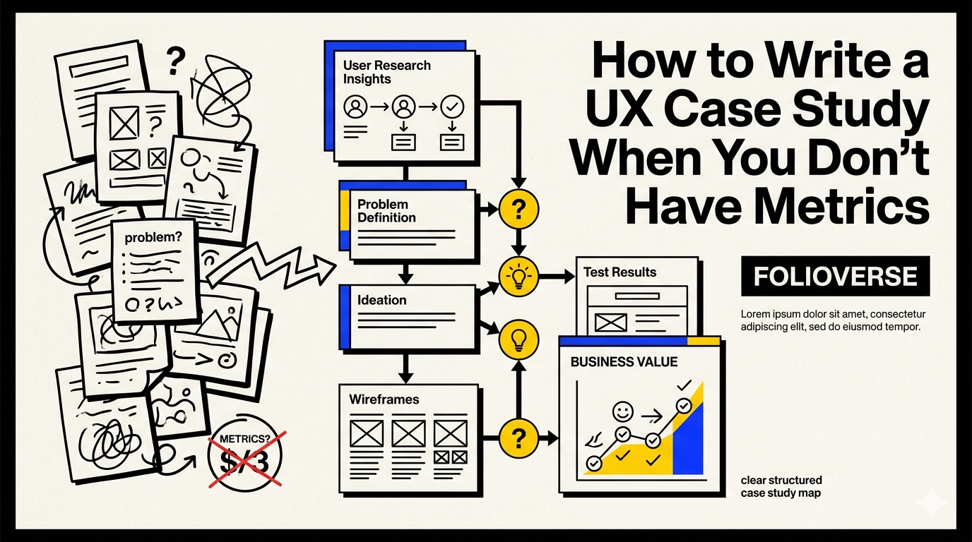Editorial cover illustration for How to Write a UX Case Study When You Don’t Have Metrics