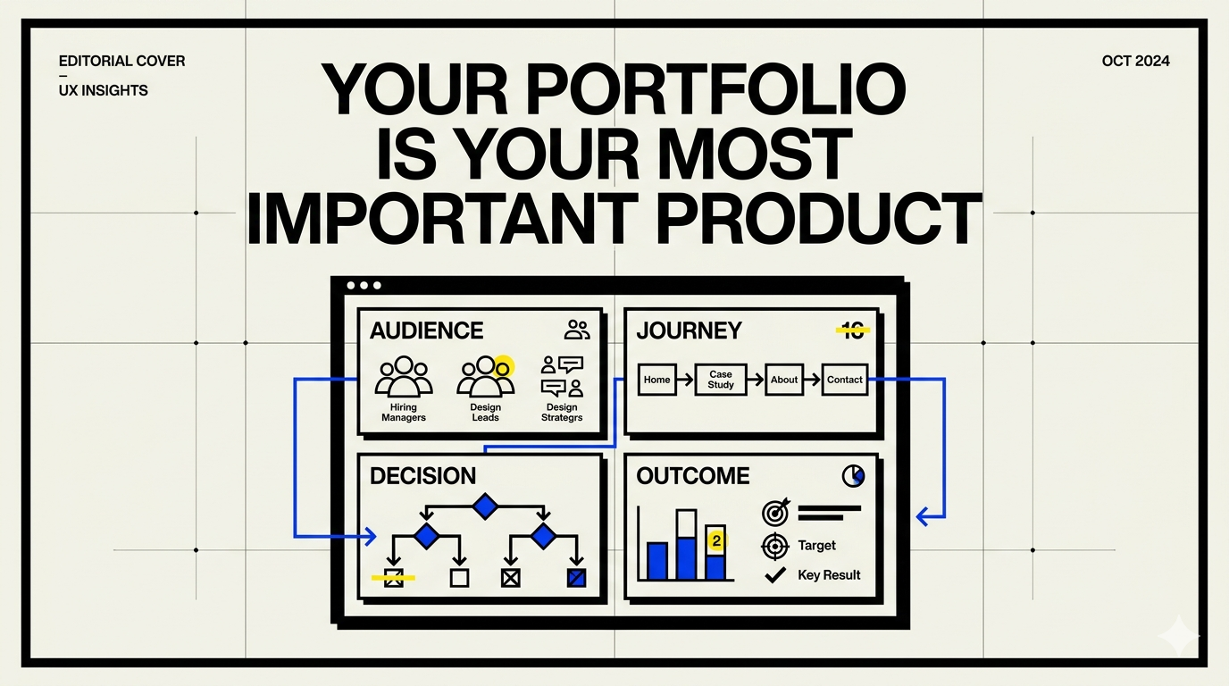 Neo-Brutalist editorial cover for Your UX Portfolio Is Your Most Important Product