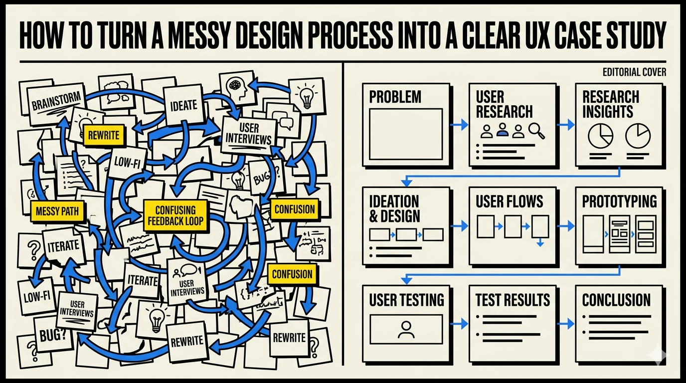 Neo-Brutalist editorial cover for How to Turn a Messy Design Process Into a Clear UX Case Study