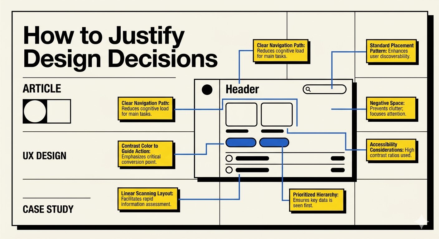 Neo-Brutalist editorial cover for How to Justify Design Decisions in a UX Case Study