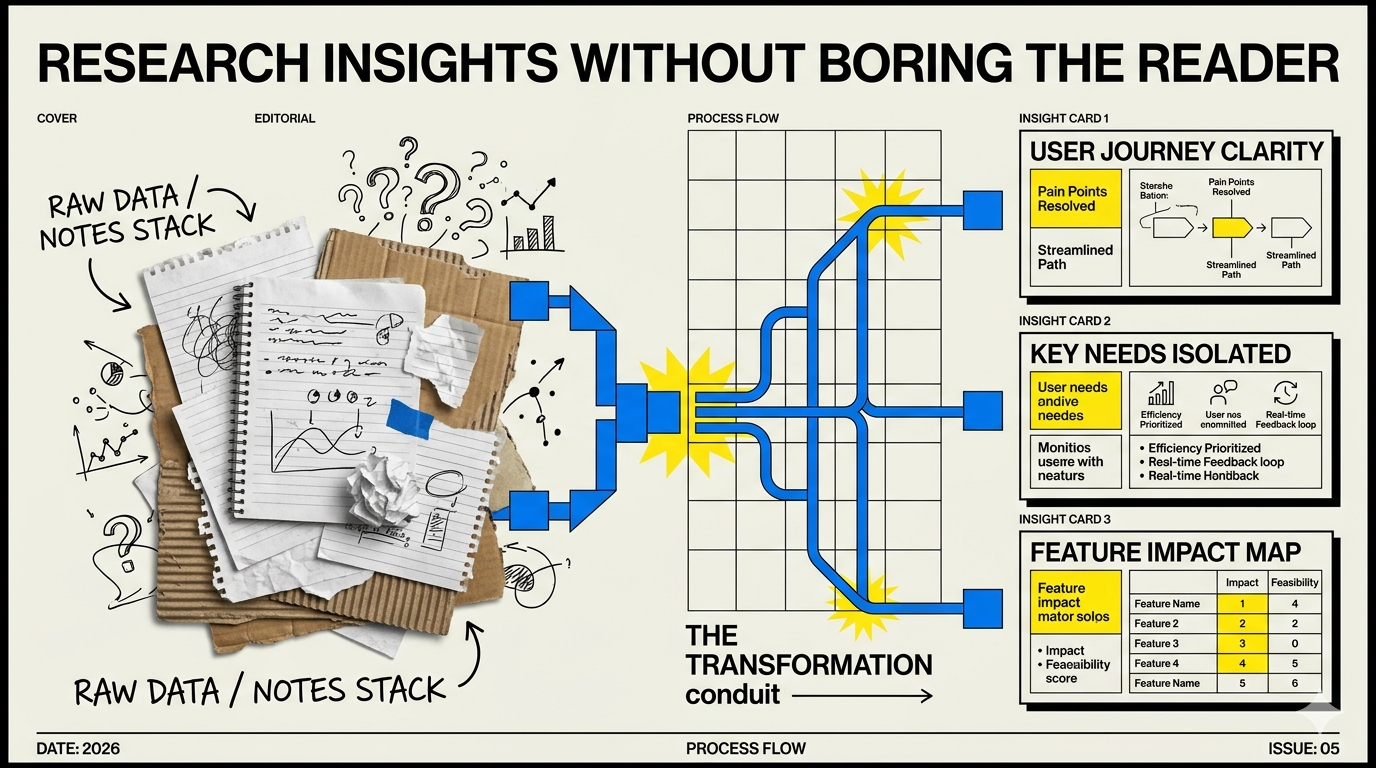 Neo-Brutalist editorial cover for How to Present Research Insights Without Boring the Reader