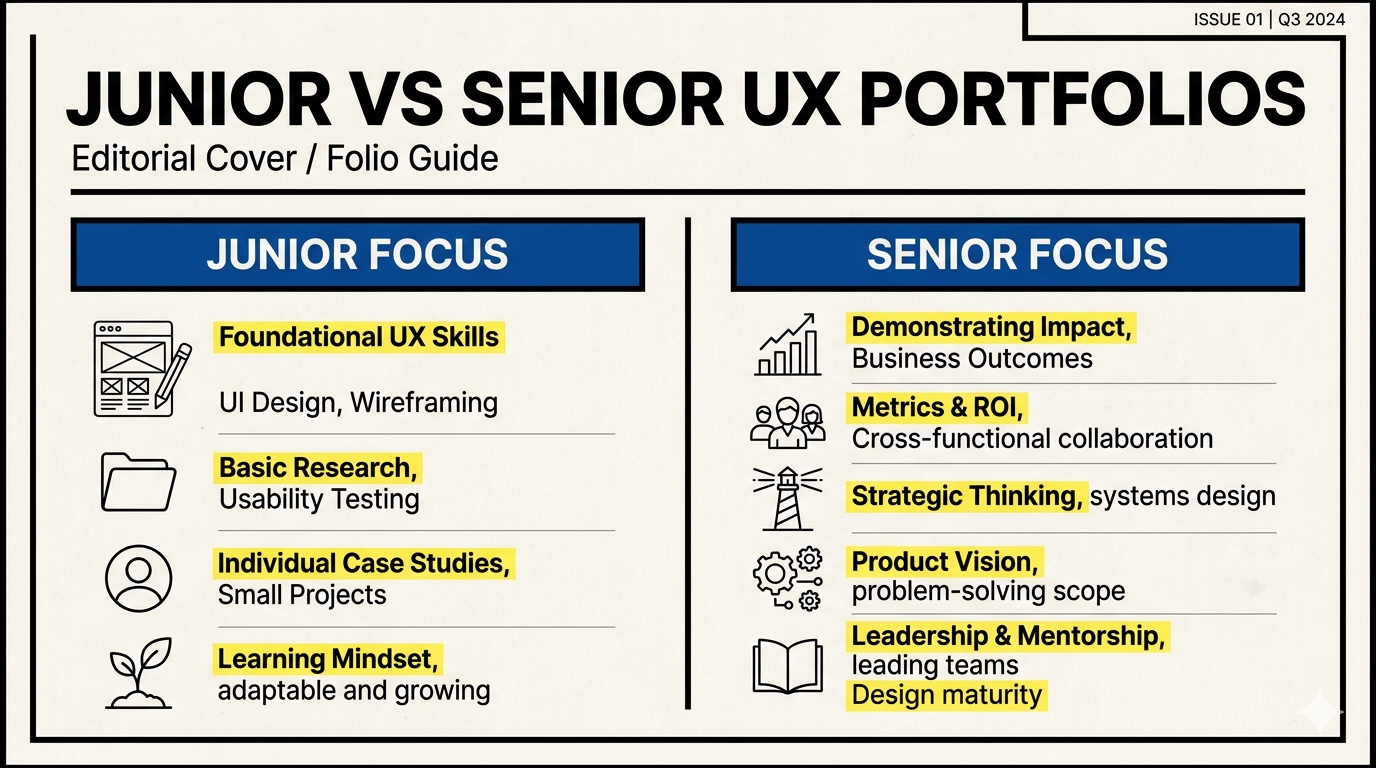 Neo-Brutalist editorial cover for Junior vs Senior UX Portfolios: What Actually Changes?