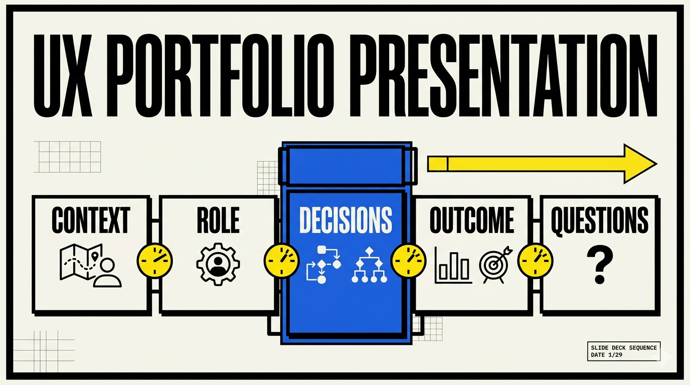 Neo-Brutalist editorial cover for How to Prepare a UX Portfolio Presentation for a Design Interview