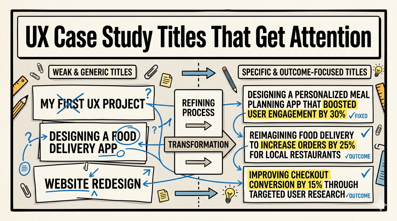 Neo-Brutalist editorial cover for How to Write UX Case Study Titles That Get Attention