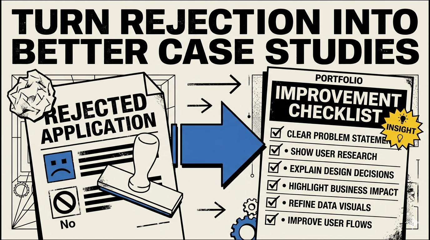 Neo-Brutalist editorial cover for How to Turn Portfolio Rejection Into Better Case Studies